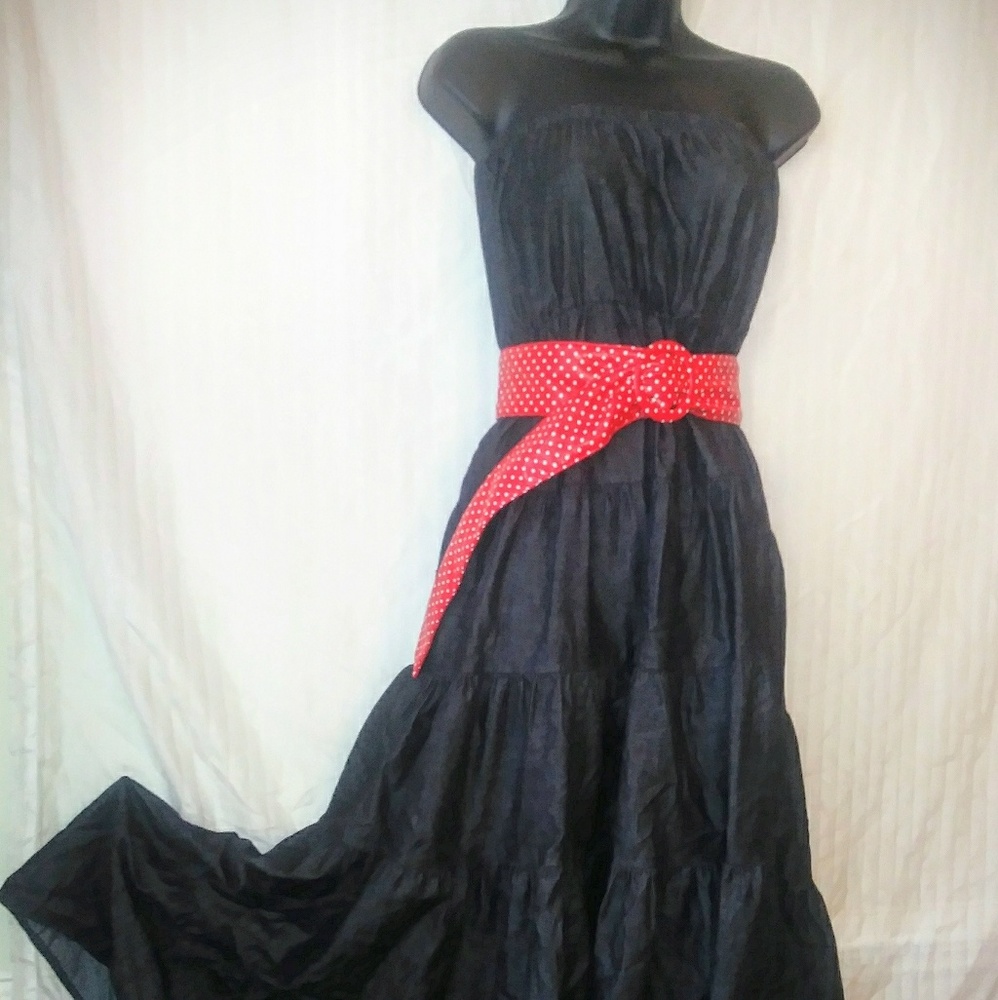 Blue Jean Dress with red polka dot belt